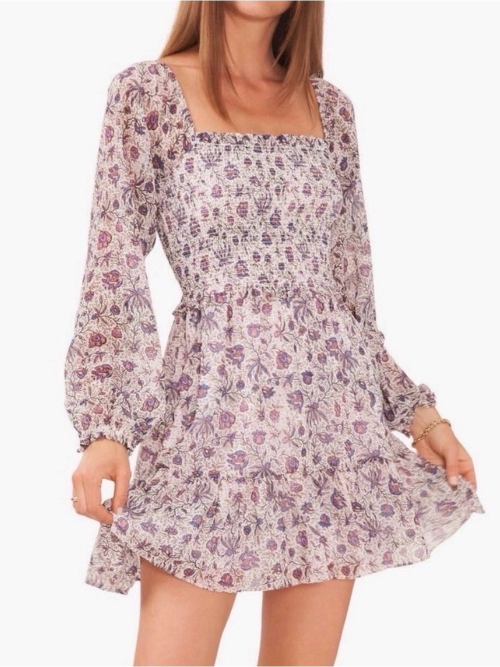 Macy’s Long Sleeve Square Neck Floral Mini Dress